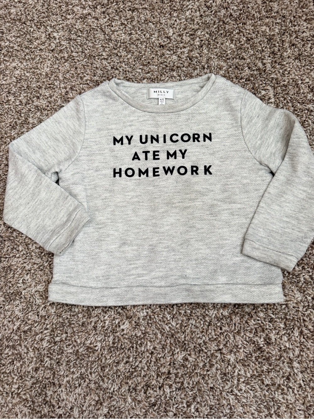 Milly Minis Light Gray Sweatshirt with 'My Unicorn Ate My Homework' Text